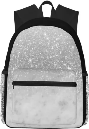 White Marble Silver Ombre Glitter Casual Backpack  Lightweight Travel Daypack, Multi-Pocket Laptop Hiking Bag, Durable Polyester Pack For Outdoor Camping Cycling