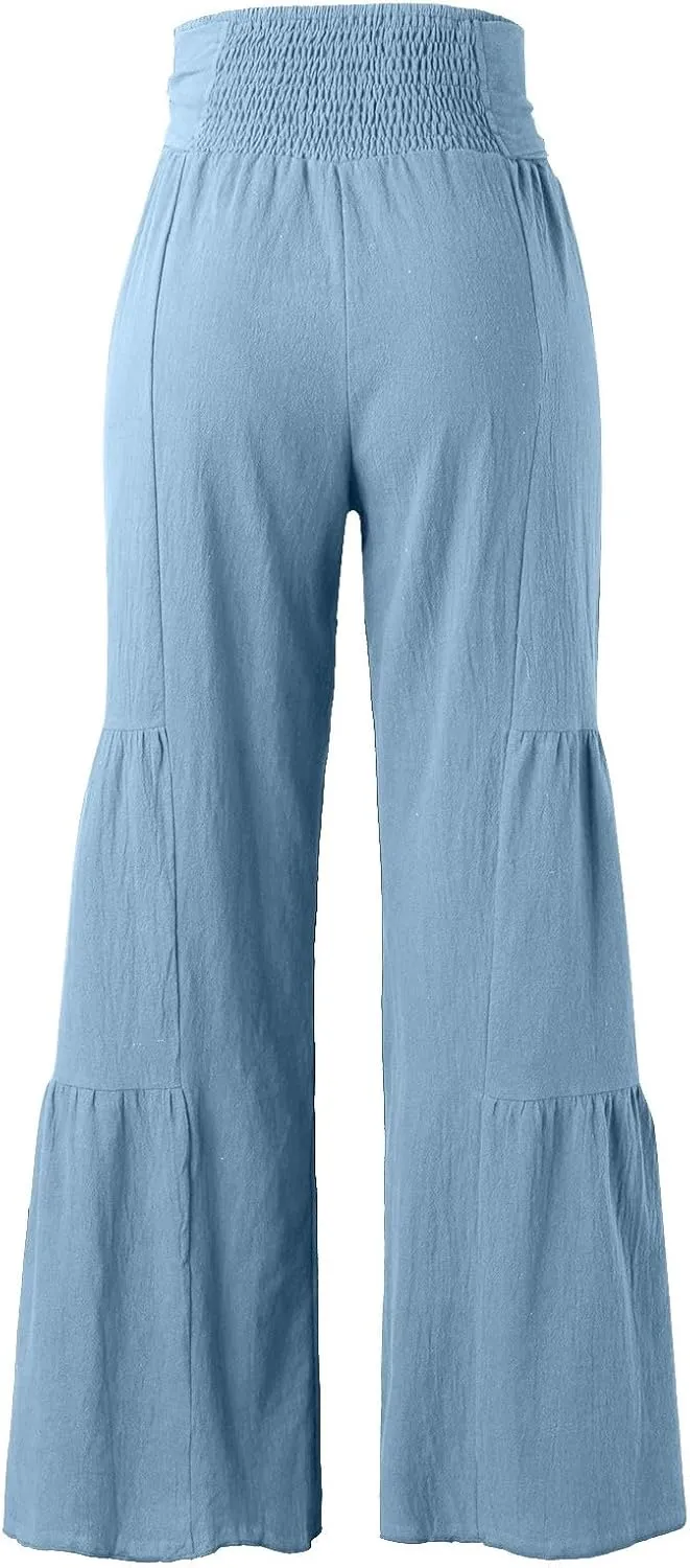 Wide Leg Pants for Women Summer 2024 Casual Palazzo Pants Elastic High Waist Loose Fit Plus Size Linen Pants Women