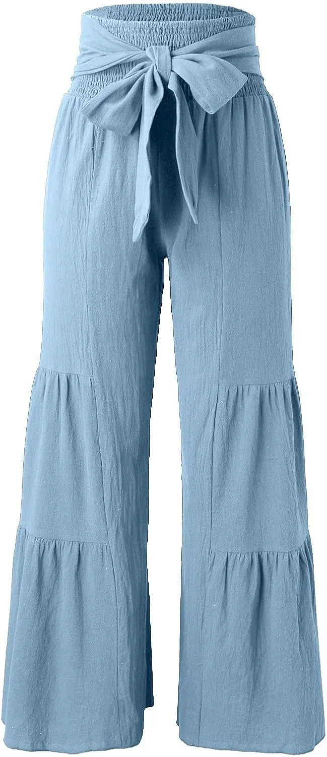 Wide Leg Pants for Women Summer 2024 Casual Palazzo Pants Elastic High Waist Loose Fit Plus Size Linen Pants Women