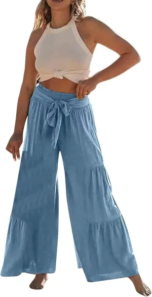 Wide Leg Pants for Women Summer 2024 Casual Palazzo Pants Elastic High Waist Loose Fit Plus Size Linen Pants Women
