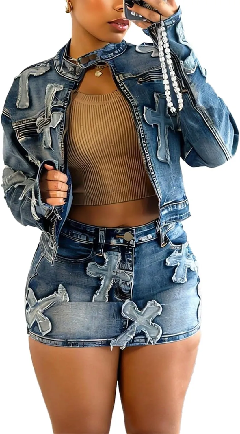 Women 2 Piece Outfits Denim Skirt Set Zipper Jacket Top Elastic Waist Skirt with Pockets Sweatsuit Sets