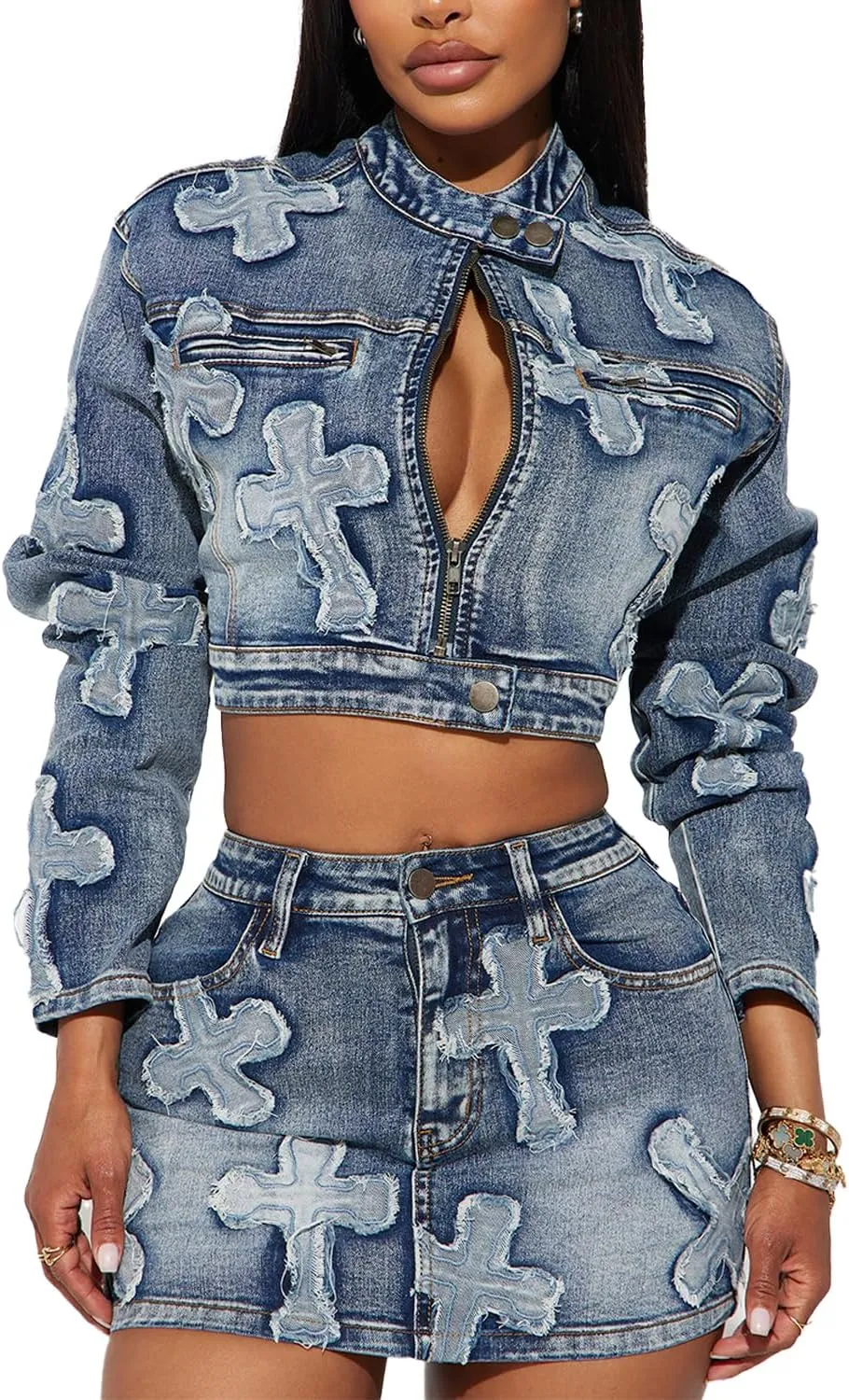 Women 2 Piece Outfits Denim Skirt Set Zipper Jacket Top Elastic Waist Skirt with Pockets Sweatsuit Sets