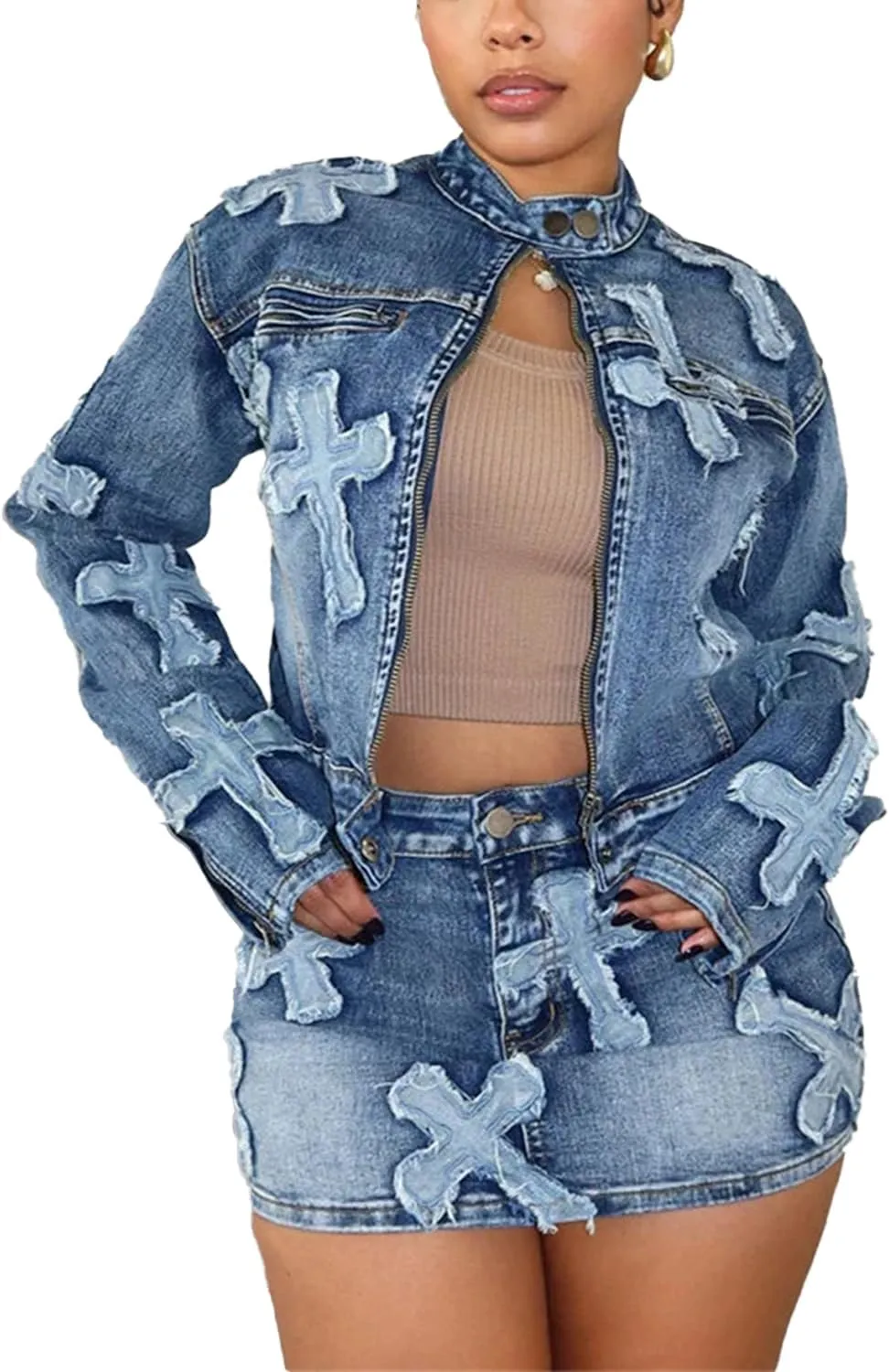 Women 2 Piece Outfits Denim Skirt Set Zipper Jacket Top Elastic Waist Skirt with Pockets Sweatsuit Sets