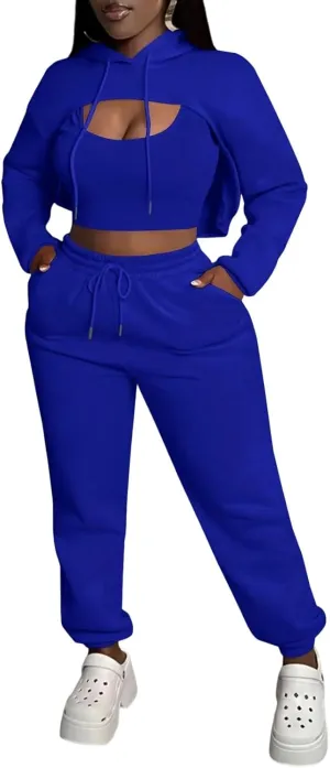Women 3 Piece Sweatsuit Set Sexy Long Sleeve Pullover Cropped Hoodie Tank Top and Jogger Sweatpants Tracksuit