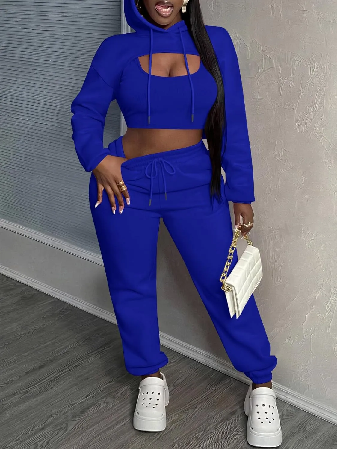 Women 3 Piece Sweatsuit Set Sexy Long Sleeve Pullover Cropped Hoodie Tank Top and Jogger Sweatpants Tracksuit