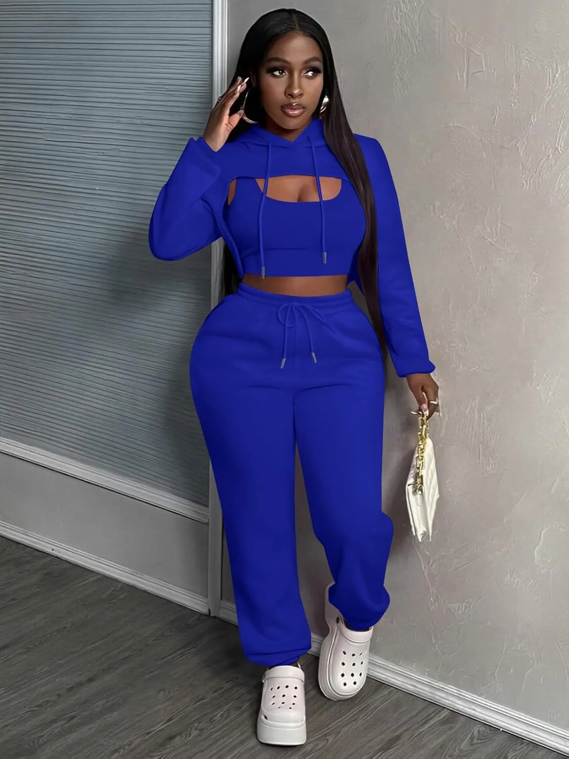 Women 3 Piece Sweatsuit Set Sexy Long Sleeve Pullover Cropped Hoodie Tank Top and Jogger Sweatpants Tracksuit