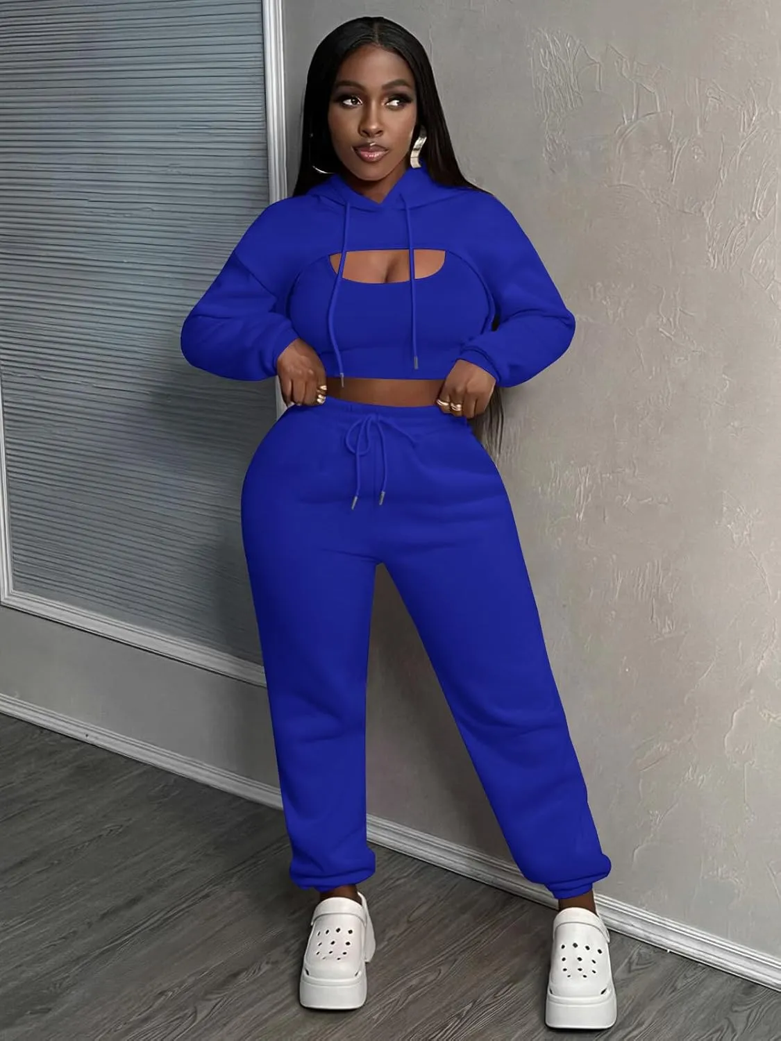 Women 3 Piece Sweatsuit Set Sexy Long Sleeve Pullover Cropped Hoodie Tank Top and Jogger Sweatpants Tracksuit