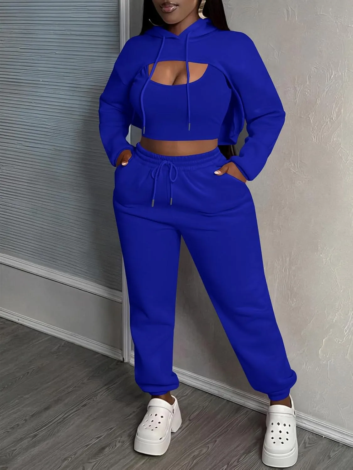 Women 3 Piece Sweatsuit Set Sexy Long Sleeve Pullover Cropped Hoodie Tank Top and Jogger Sweatpants Tracksuit