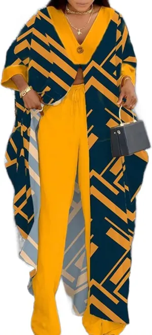 Women African 2 Piece Outfits Button V Neck Long Plus Size Split Caftans Wide Leg Pants Sets