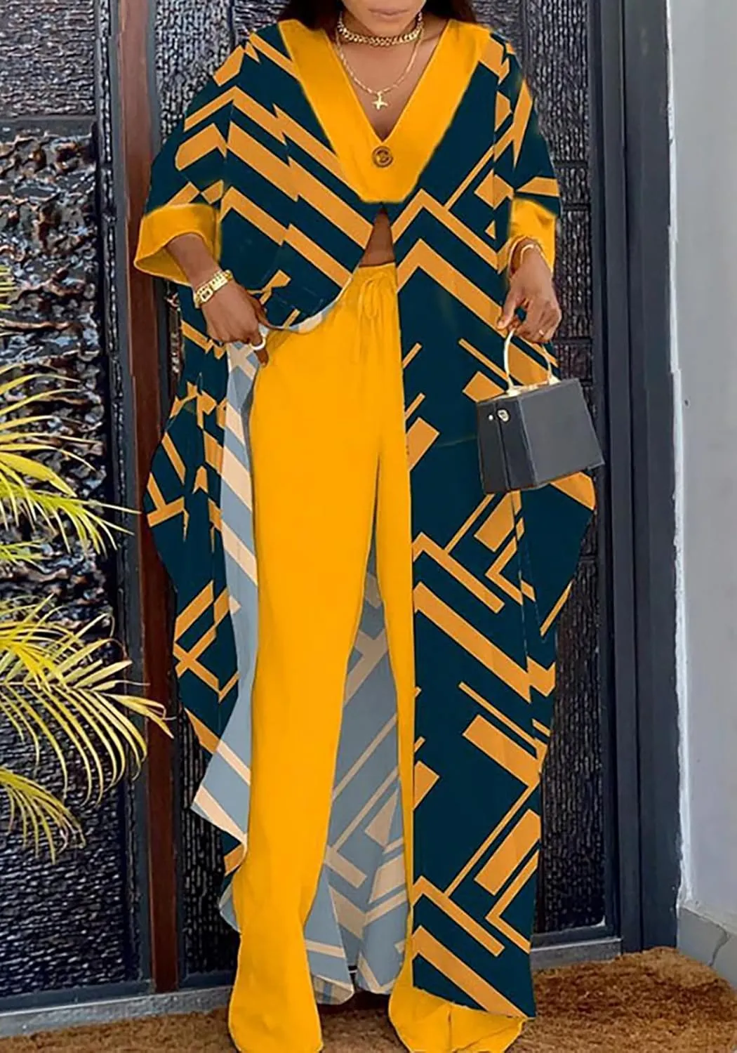 Women African 2 Piece Outfits Button V Neck Long Plus Size Split Caftans Wide Leg Pants Sets