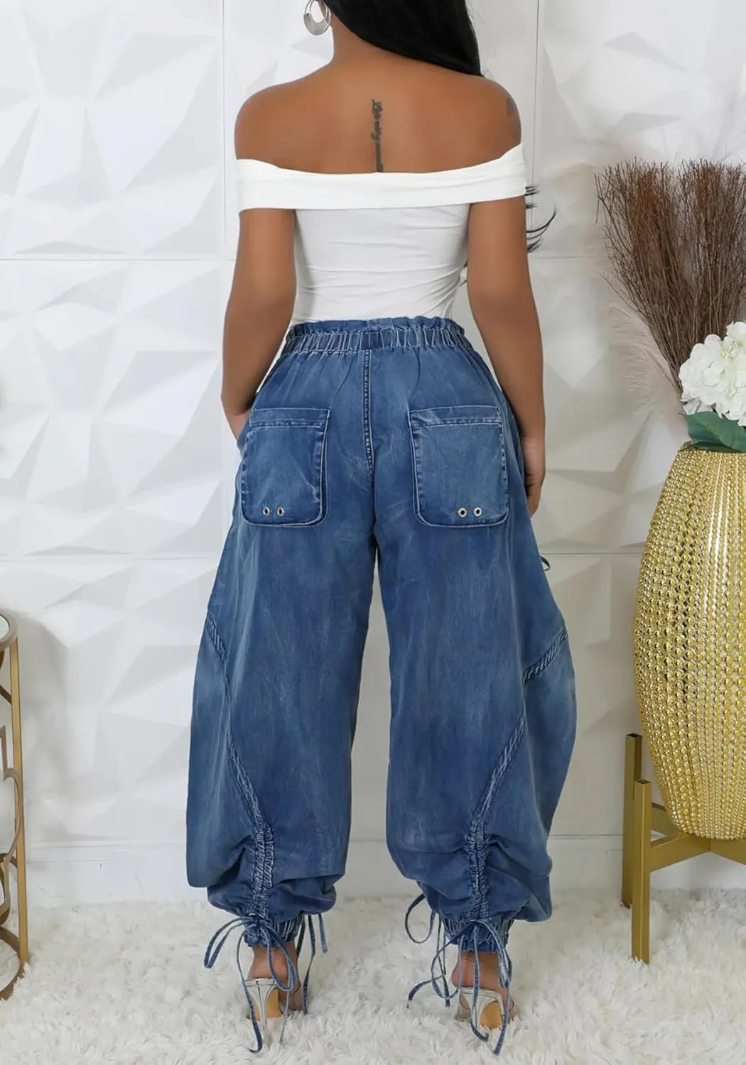 Women Baggy Jeans Cargo Joggers Y2k Bow Elastic Hgih Waisted Wide Leg Harem Pants Streetwear
