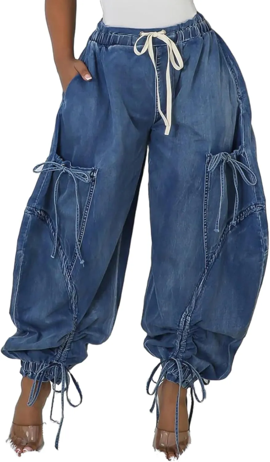 Women Baggy Jeans Cargo Joggers Y2k Bow Elastic Hgih Waisted Wide Leg Harem Pants Streetwear