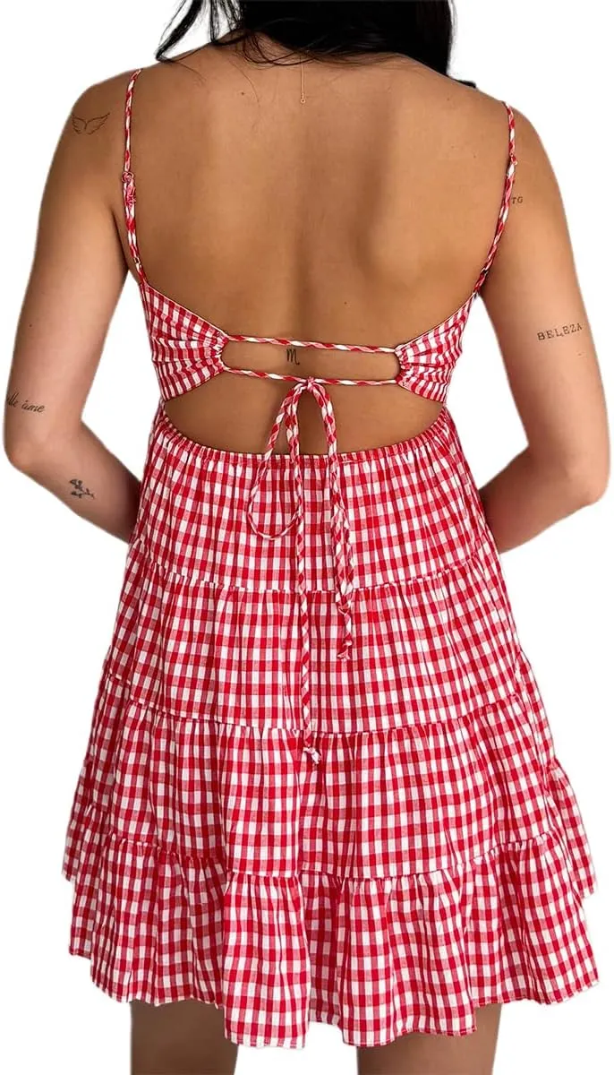 Women Boho Spaghetti Strap Mini Dress Floral Open Back Camisole Short Dress A-Line Sun Dress Summer Beach Dress