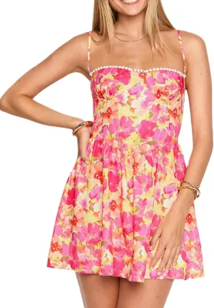 Women Boho Spaghetti Strap Mini Dress Floral Open Back Camisole Short Dress A-Line Sun Dress Summer Beach Dress