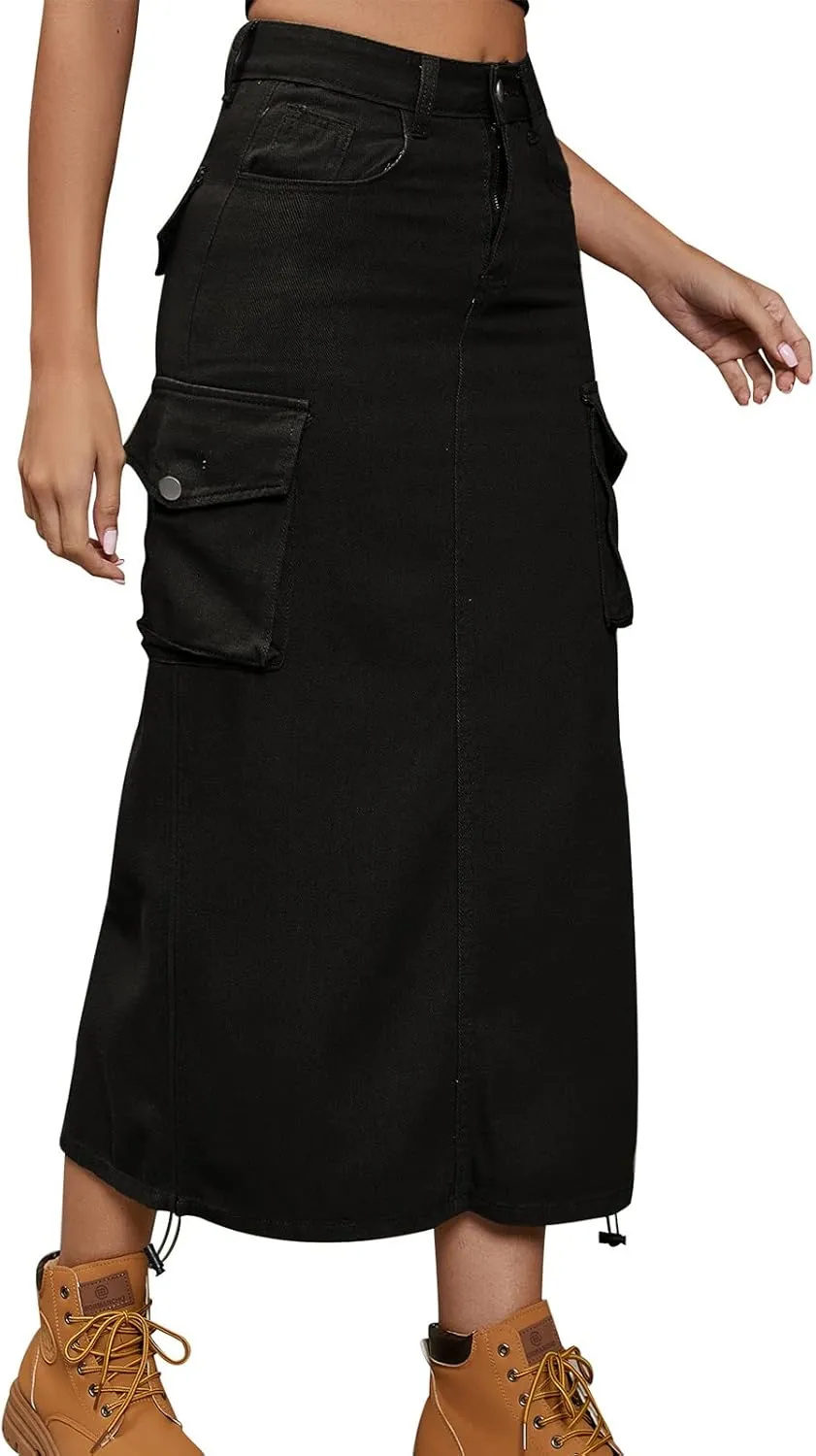Women Denim Cargo Long Skirts High Waisted Pencil Skirt Midi Length Jean Skirt with Cargo Pockets