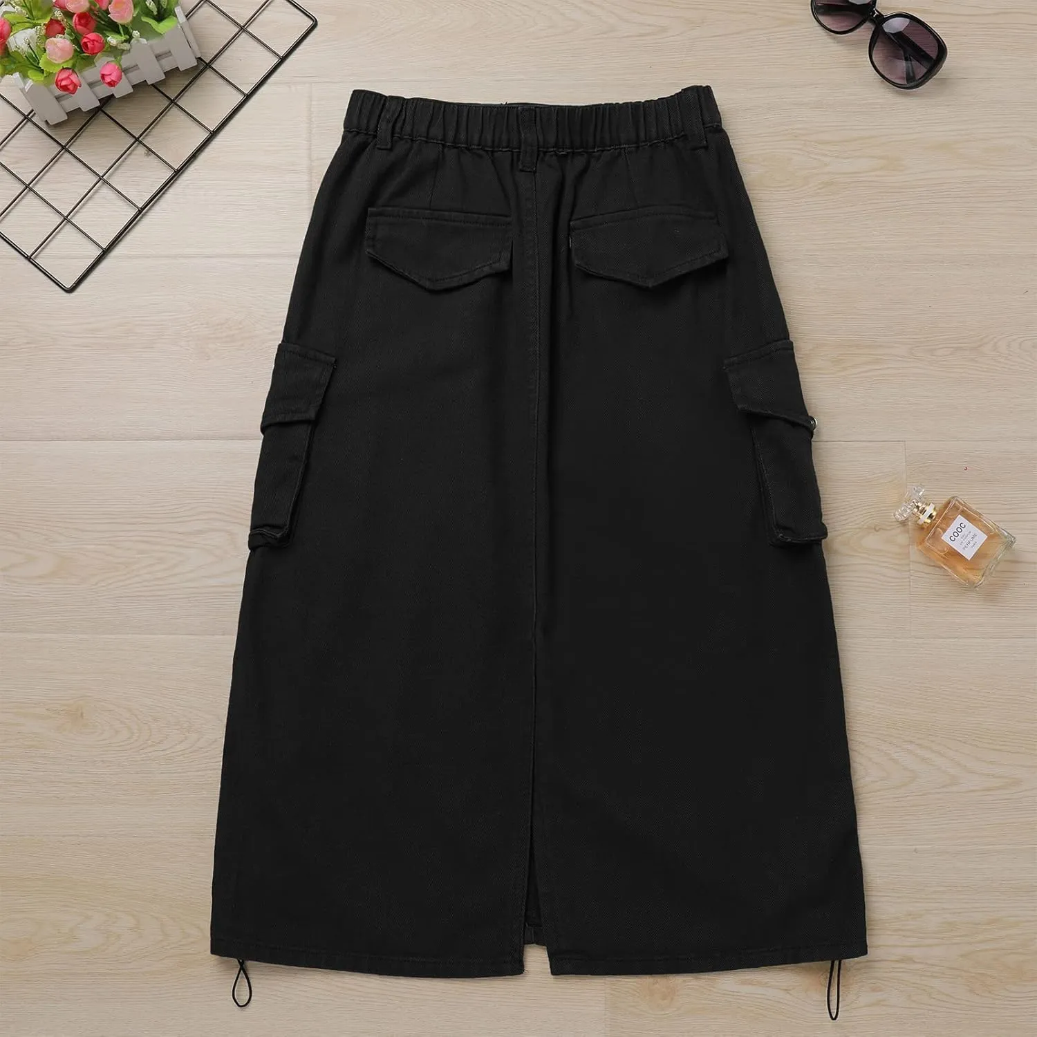 Women Denim Cargo Long Skirts High Waisted Pencil Skirt Midi Length Jean Skirt with Cargo Pockets