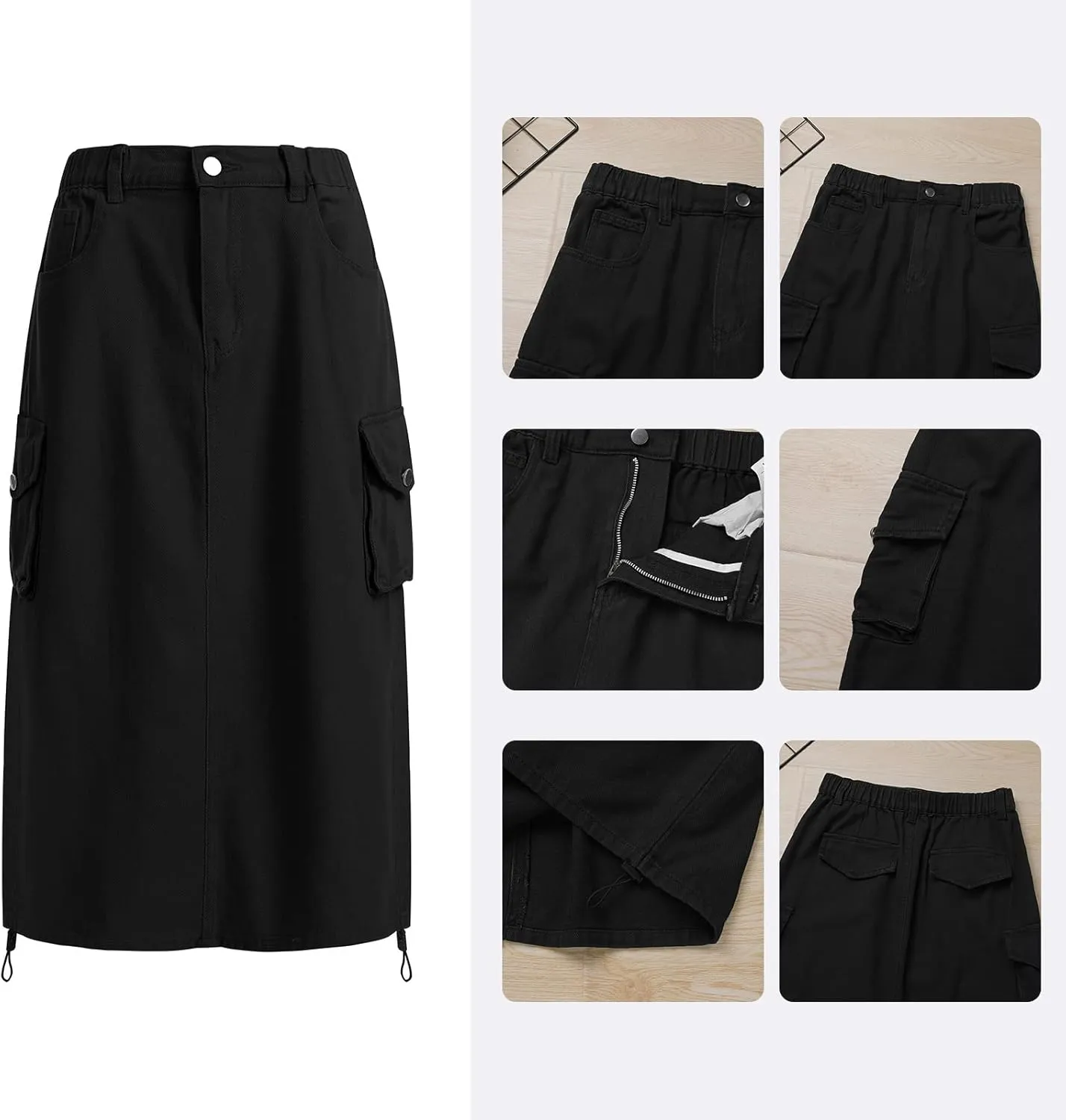 Women Denim Cargo Long Skirts High Waisted Pencil Skirt Midi Length Jean Skirt with Cargo Pockets