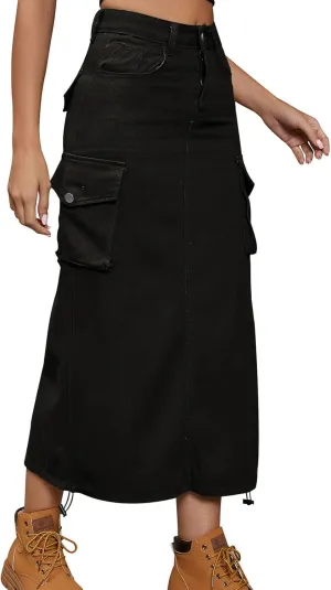Women Denim Cargo Long Skirts High Waisted Pencil Skirt Midi Length Jean Skirt with Cargo Pockets