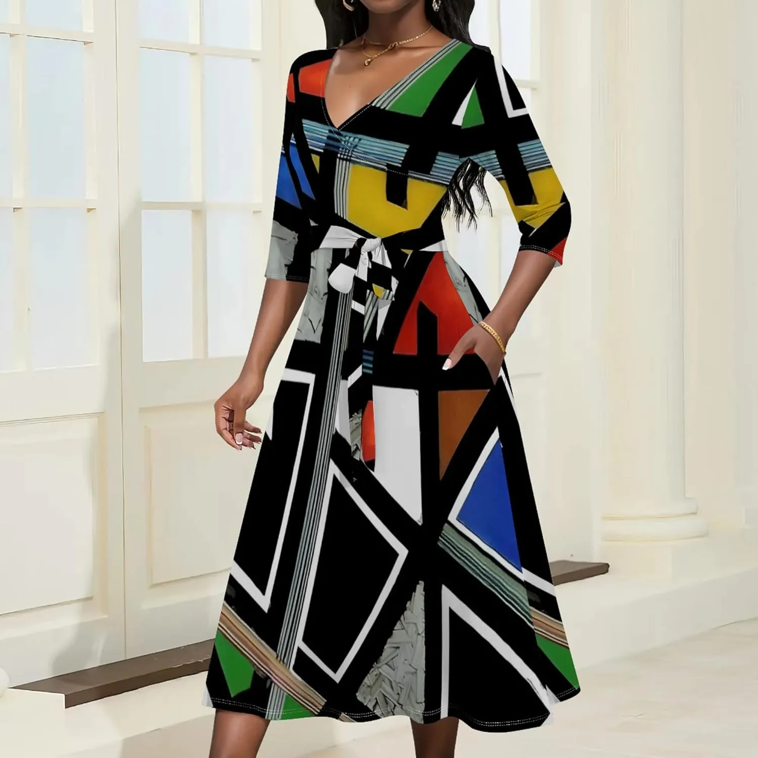 Women Fall Casual Dress 3/4 Sleeve Wrap Sundress Summer Club Party Plus Size Sexy Bodycon Midi Dresses with Pockets
