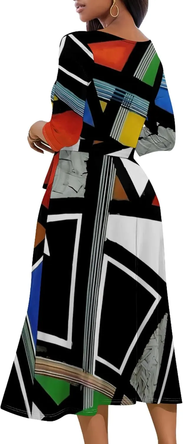 Women Fall Casual Dress 3/4 Sleeve Wrap Sundress Summer Club Party Plus Size Sexy Bodycon Midi Dresses with Pockets
