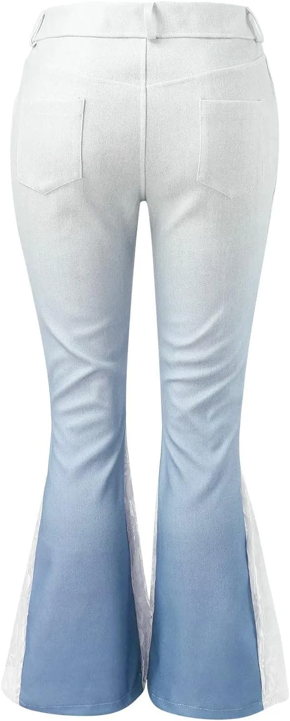 Women Flare Tapered Jeans High Waisted Floral Print Lace Trousers Gradient Color Bell Bottom Denim Pants with Pocket