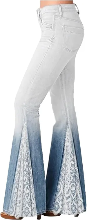 Women Flare Tapered Jeans High Waisted Floral Print Lace Trousers Gradient Color Bell Bottom Denim Pants with Pocket