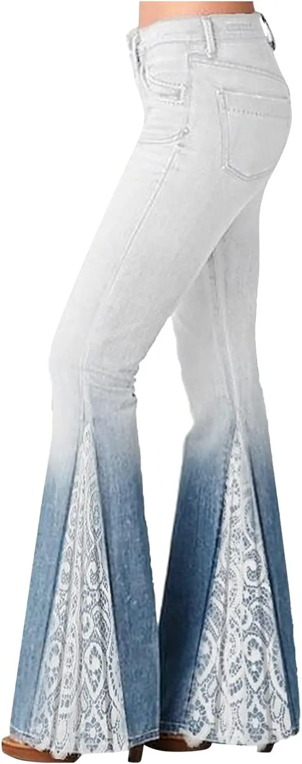 Women Flare Tapered Jeans High Waisted Floral Print Lace Trousers Gradient Color Bell Bottom Denim Pants with Pocket