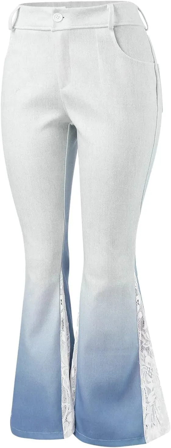 Women Flare Tapered Jeans High Waisted Floral Print Lace Trousers Gradient Color Bell Bottom Denim Pants with Pocket