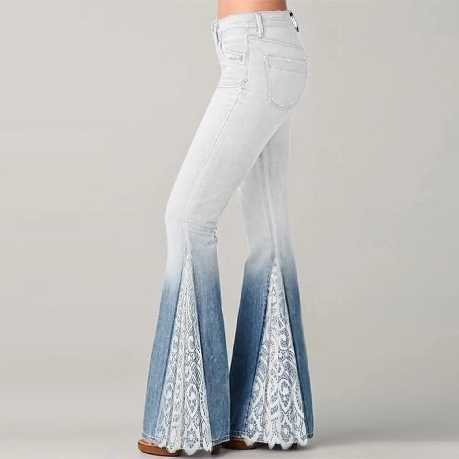Women Flare Tapered Jeans High Waisted Floral Print Lace Trousers Gradient Color Bell Bottom Denim Pants with Pocket