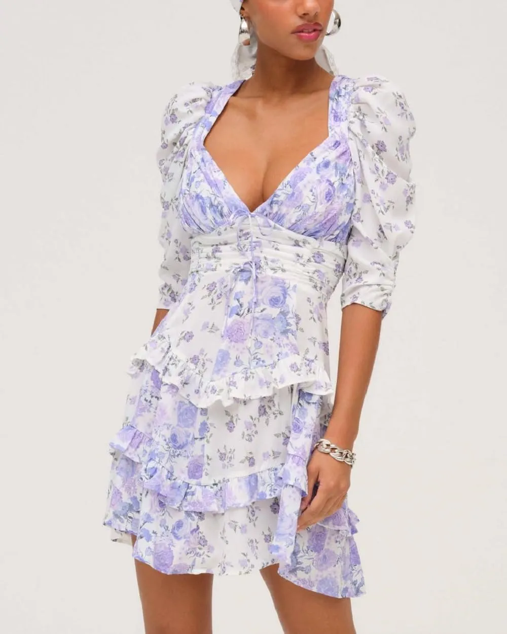 Women Floral Patchwork Mini Dress Y2k Tiered Ruffle Short Dresses Puff Sleeve Corset Layered Beach Sundress