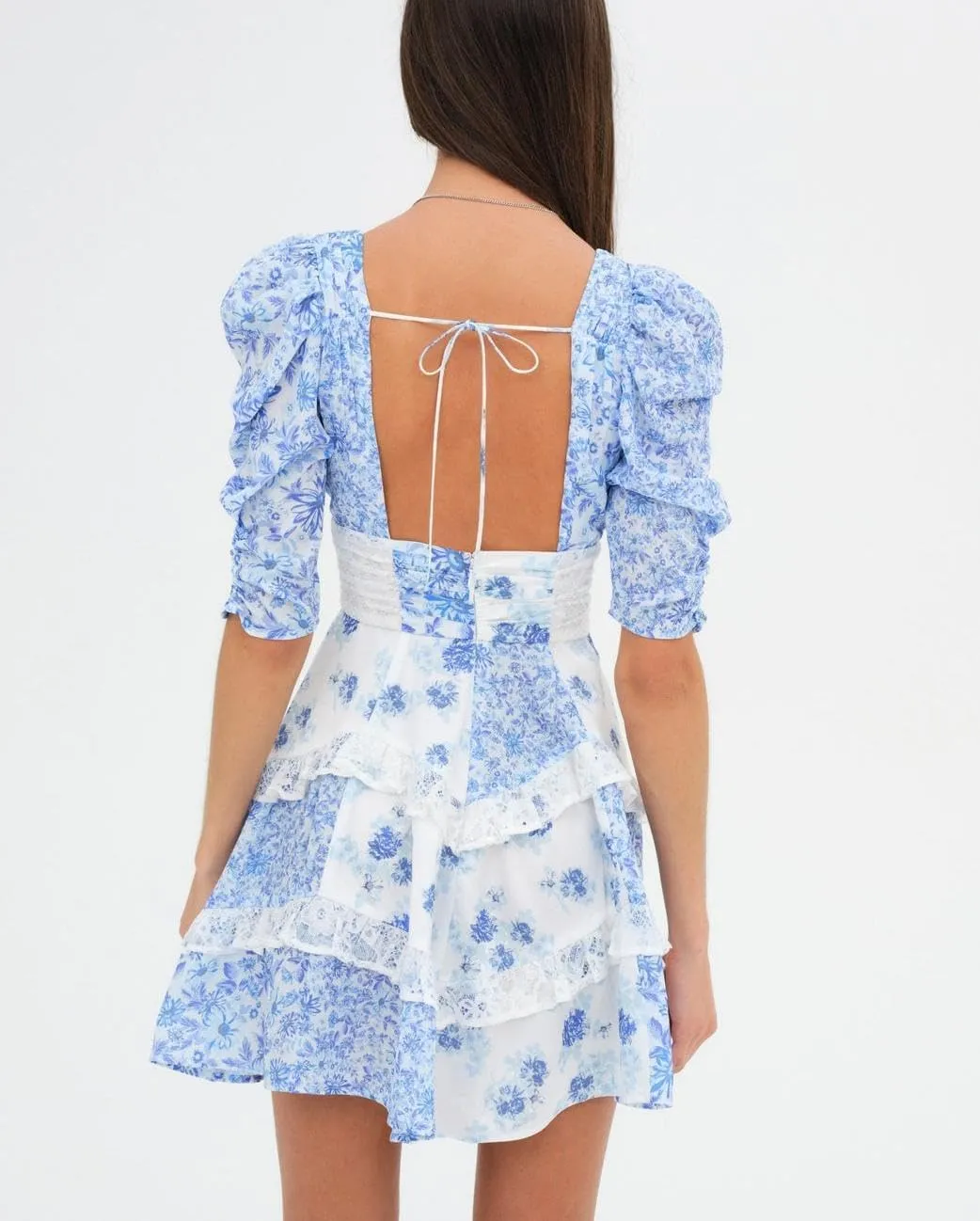 Women Floral Patchwork Mini Dress Y2k Tiered Ruffle Short Dresses Puff Sleeve Corset Layered Beach Sundress