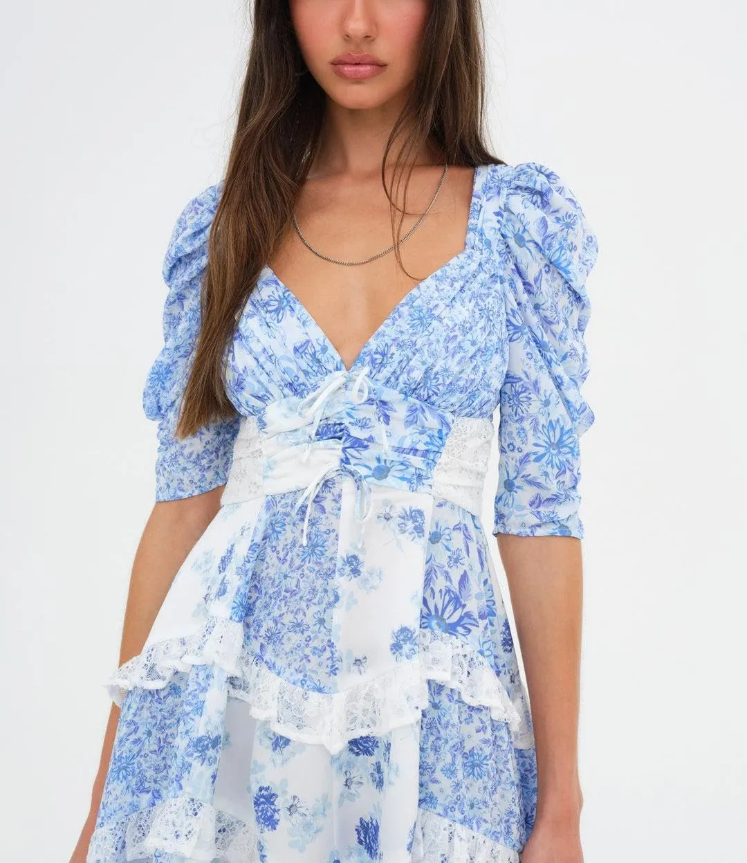 Women Floral Patchwork Mini Dress Y2k Tiered Ruffle Short Dresses Puff Sleeve Corset Layered Beach Sundress