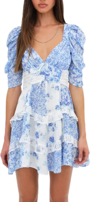 Women Floral Patchwork Mini Dress Y2k Tiered Ruffle Short Dresses Puff Sleeve Corset Layered Beach Sundress