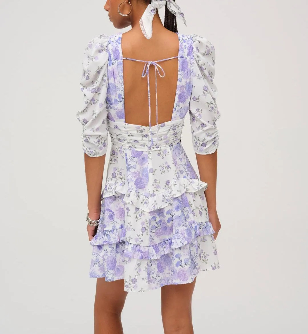 Women Floral Patchwork Mini Dress Y2k Tiered Ruffle Short Dresses Puff Sleeve Corset Layered Beach Sundress