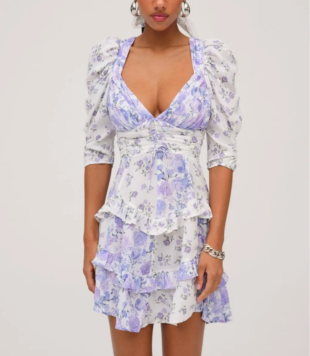 Women Floral Patchwork Mini Dress Y2k Tiered Ruffle Short Dresses Puff Sleeve Corset Layered Beach Sundress