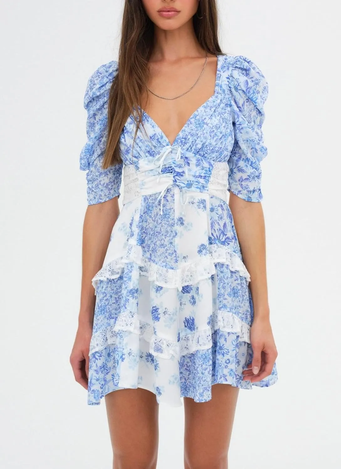 Women Floral Patchwork Mini Dress Y2k Tiered Ruffle Short Dresses Puff Sleeve Corset Layered Beach Sundress