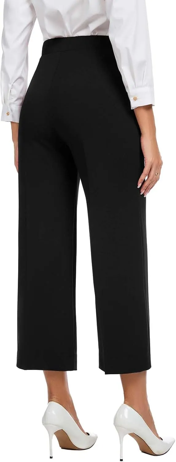 Women High Waist Wide Straight Leg Trousers Casual Slacks Pull On Ankle Pants with Pockets