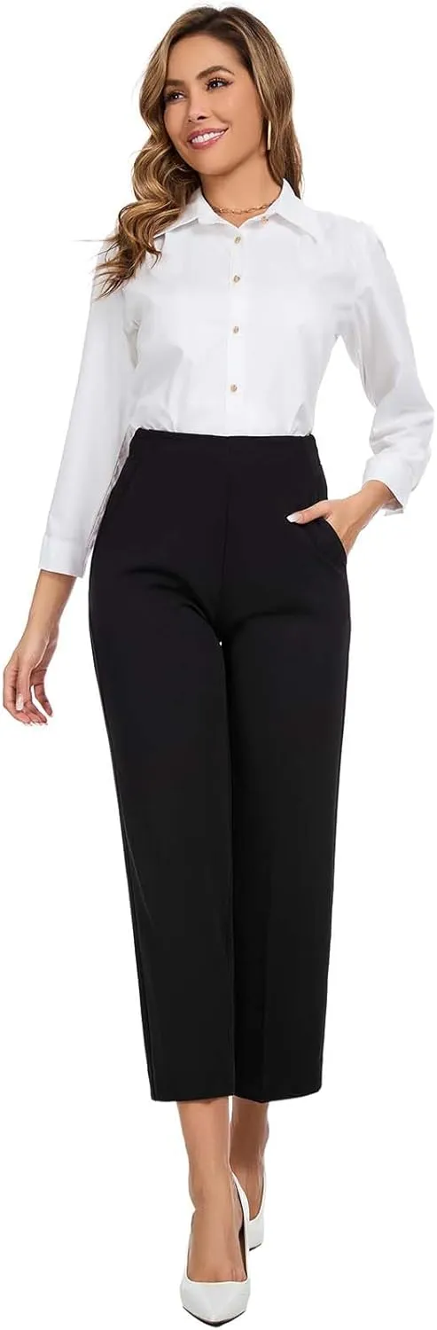 Women High Waist Wide Straight Leg Trousers Casual Slacks Pull On Ankle Pants with Pockets