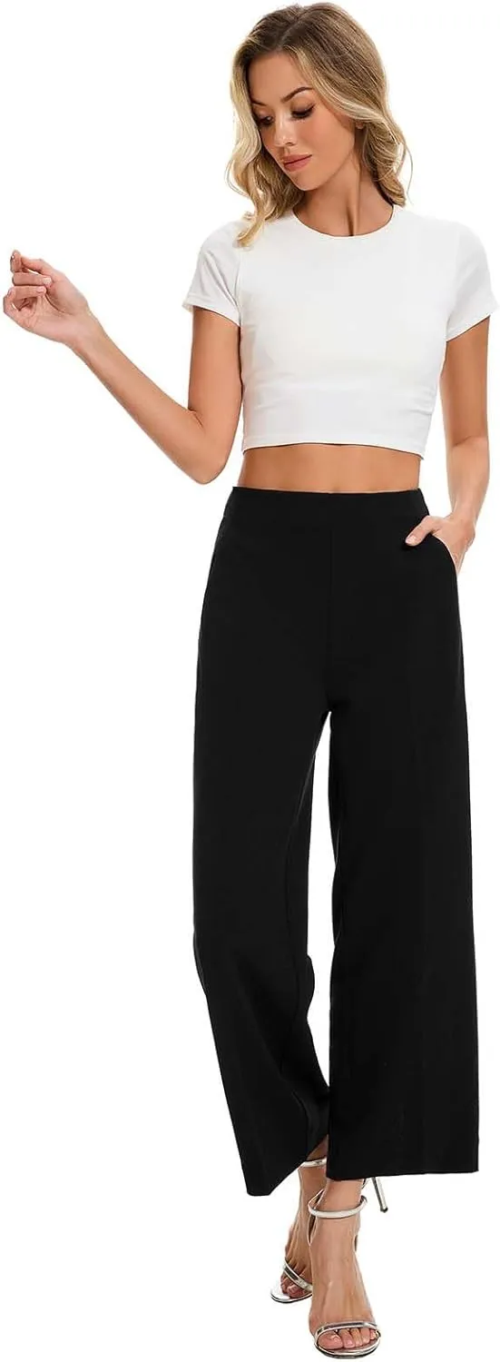 Women High Waist Wide Straight Leg Trousers Casual Slacks Pull On Ankle Pants with Pockets
