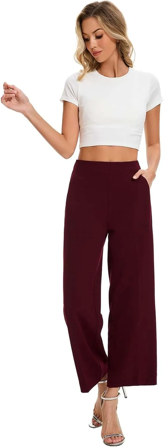 Women High Waist Wide Straight Leg Trousers Casual Slacks Pull On Ankle Pants with Pockets