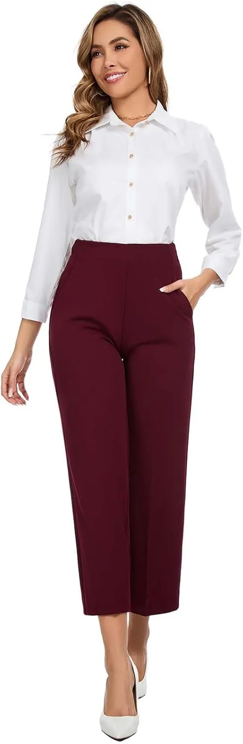 Women High Waist Wide Straight Leg Trousers Casual Slacks Pull On Ankle Pants with Pockets