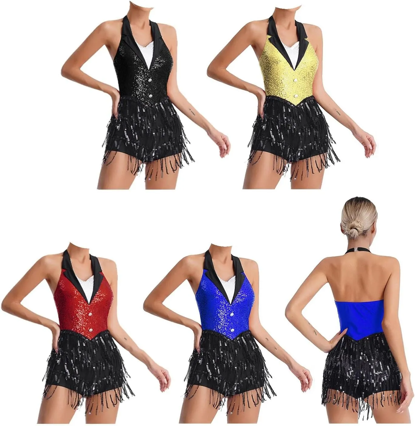 Women Jazz Dance Leotard Halter Backless Sequin Fringe Jumpsuit Performance Costume