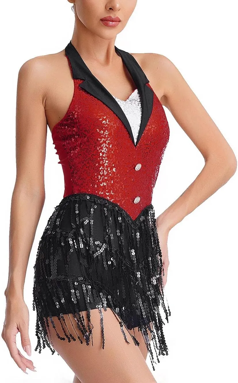 Women Jazz Dance Leotard Halter Backless Sequin Fringe Jumpsuit Performance Costume