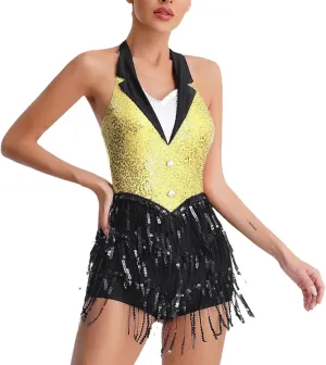 Women Jazz Dance Leotard Halter Backless Sequin Fringe Jumpsuit Performance Costume