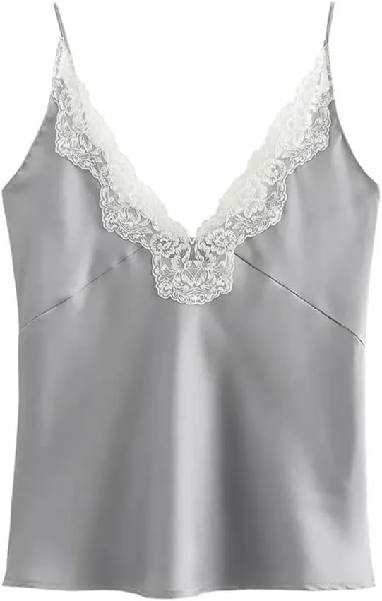 Women Lace Patchwork Base V-Neck Vest for Shoulder Strap Adjustable Design Camisole Inner Top