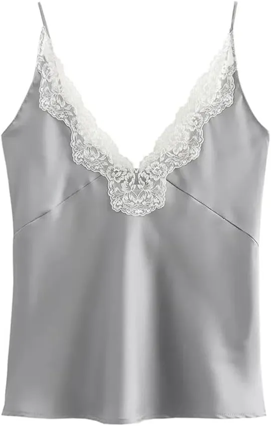 Women Lace Patchwork Base V-Neck Vest for Shoulder Strap Adjustable Design Camisole Inner Top