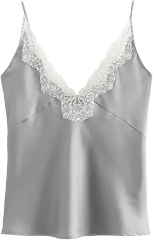 Women Lace Patchwork Base V-Neck Vest for Shoulder Strap Adjustable Design Camisole Inner Top