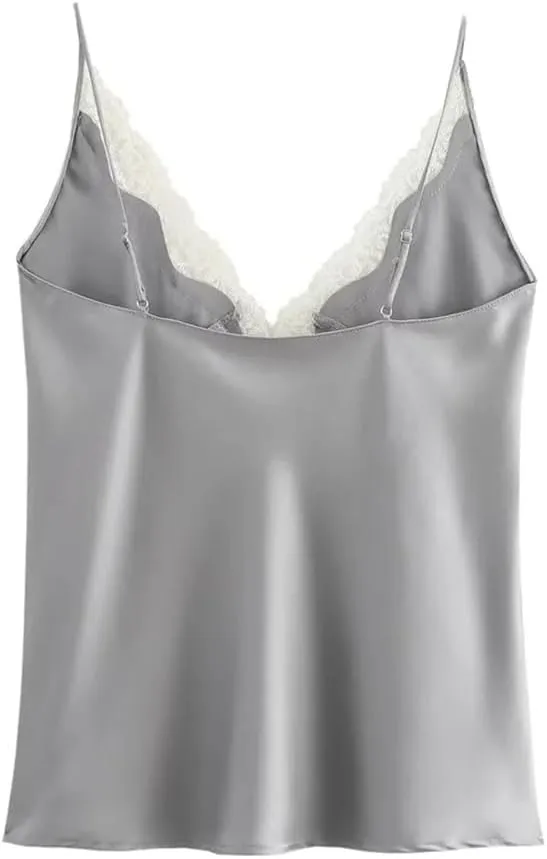 Women Lace Patchwork Base V-Neck Vest for Shoulder Strap Adjustable Design Camisole Inner Top