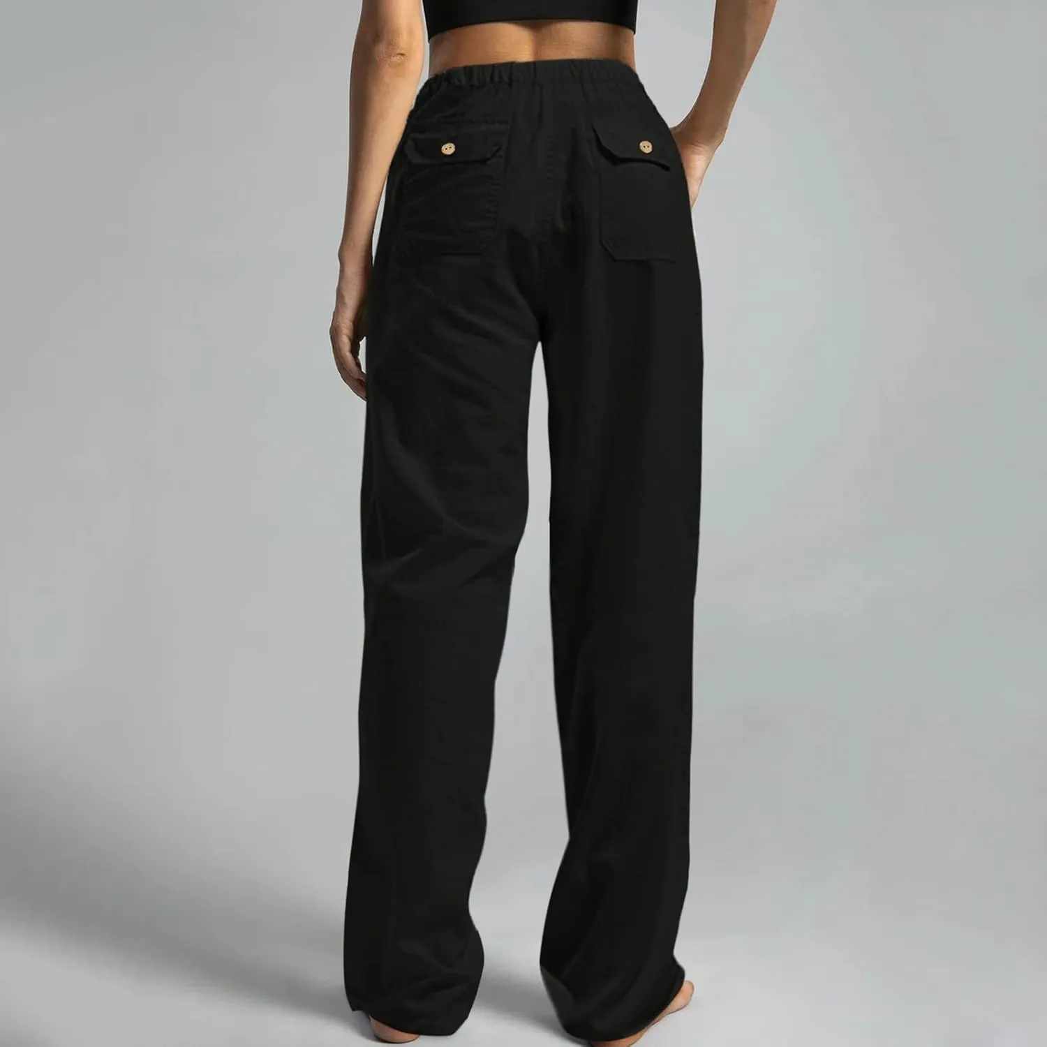 Women Linen Blend Summer Striped Pants Elastic Waisted Long Lounge Loose Fit Pants Business Work