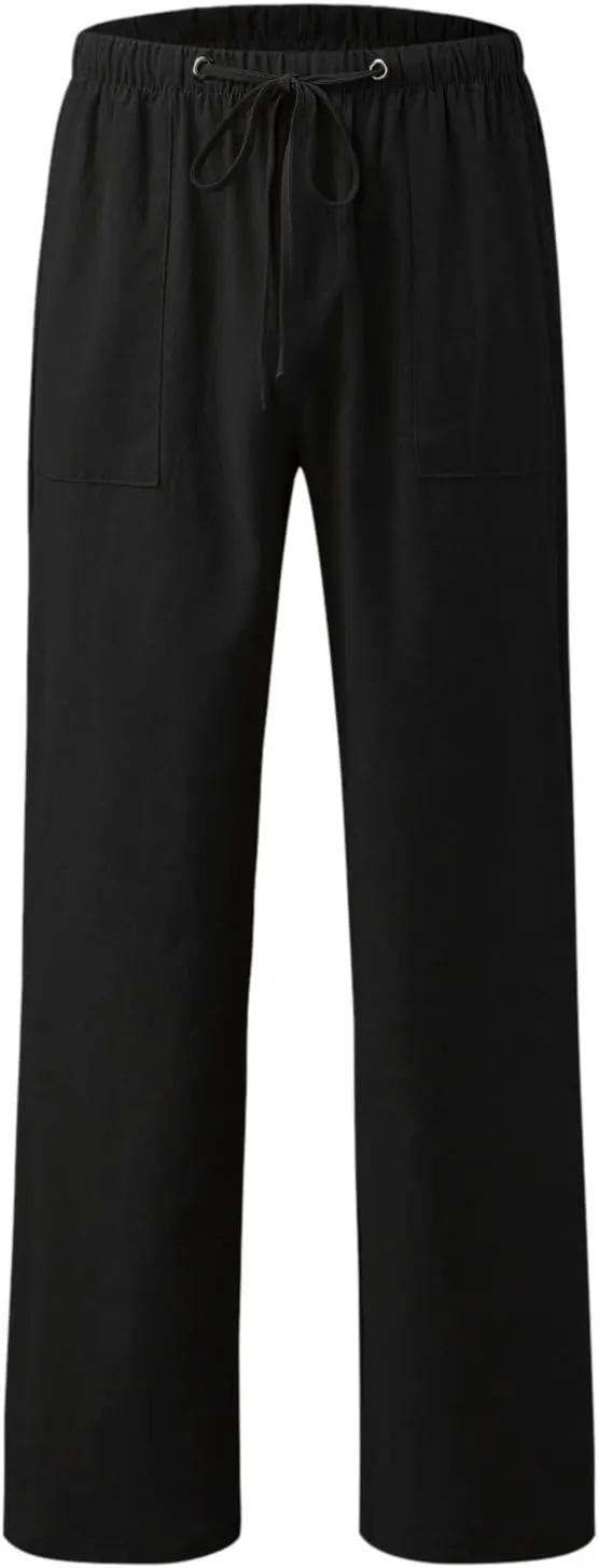 Women Linen Blend Summer Striped Pants Elastic Waisted Long Lounge Loose Fit Pants Business Work